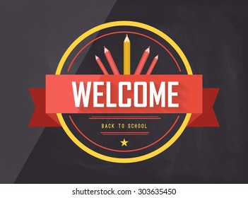 welcome back to school badge in red and yellow on blackboard background
