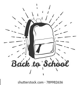 Welcome back to school. School bag surrounded by school supplies with hand-drawn lettering on white background. Vector poster.