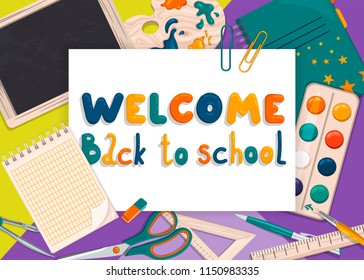 Welcome back to school. Banner with school accessories