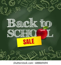 Welcome back to school banner background, vector illustration. Back to school supplies design with hand drawn doodle icon school border with realistic apple