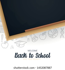 Welcome Back to School banner with chalkboard and white hand draw doodle background