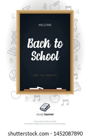 Welcome Back to School banner with chalkboard and white hand draw doodle background