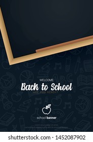 Welcome Back to School banner with chalkboard and dark hand draw doodle background