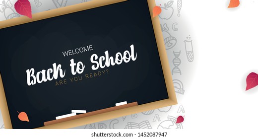 Welcome Back to School banner with chalkboard and white hand draw doodle background