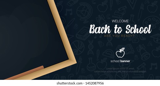 Welcome Back to School banner with chalkboard and dark hand draw doodle background