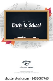 Welcome Back to School banner with chalkboard and white hand draw doodle background