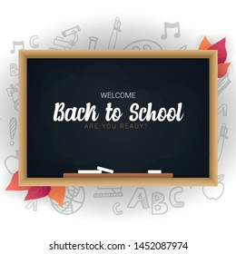 Welcome Back to School banner with chalkboard and white hand draw doodle background