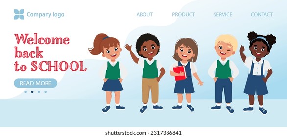 Welcome back to school banner with school children. Vector illustration in flat style