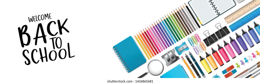 Welcome back to school banner with colorful supplies. Vector illustration.