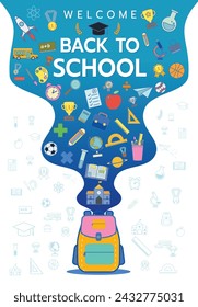 Welcome back to school banner concept with icon of supplies on white background vector illustration 