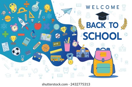 Welcome back to school banner concept with icon of supplies on white background vector illustration 