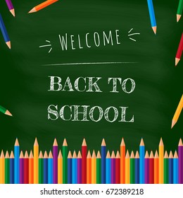 Welcome Back to School Banner with Crayon, Vector on green background