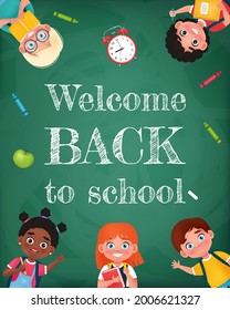 Welcome back to school banner with cute characters on school chalkboard. Vector isolated illustration in cartoon style