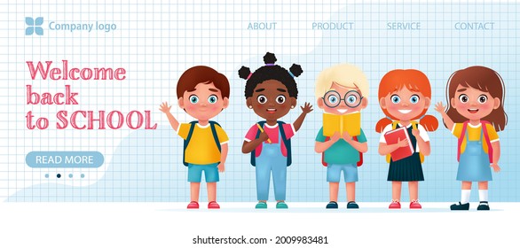 Welcome back to school banner with cute multinational kids. Vector illustration in cartoon 3d style