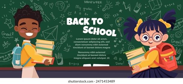 Welcome Back to School banner with cute schoolchildren. Afro american boy and girl happy to be back to school. Kids carrying books with big backpacks. Green chalkboard background with white doodles