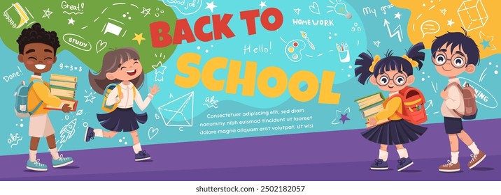 Welcome Back to school banner with cute pupils in school uniform, backpack. Vector illustration with white spaces for text and happy children returning to school or kindergarten