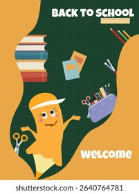 Welcome back to school banner with cute hand-drawn pencil character, books, notebooks, stationery on dark green grid background. Part of a Hand-drawn Back to School Series