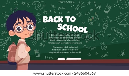Welcome Back to school banner with cute boy in glasses and school uniform, backpack. Vector illustration with white spaces for text on green wooden chalk board