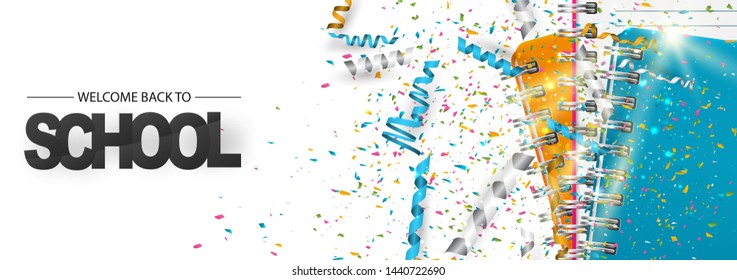 Welcome back to school banner design concept with ring notebooks and colorful confetti. Vector illustration.