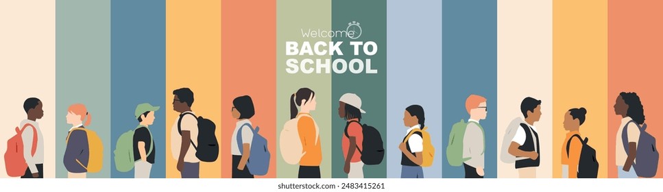 Welcome Back to School banner. Different children with backpacks.