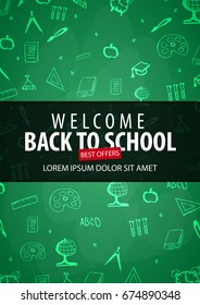 Welcome Back to School banner with different school objects. School sale banners and best offers