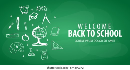 Welcome Back to School banner with different school objects