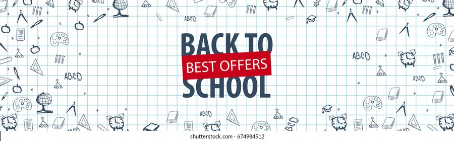 Welcome Back to School banner with different school objects. School sale banners and best offers
