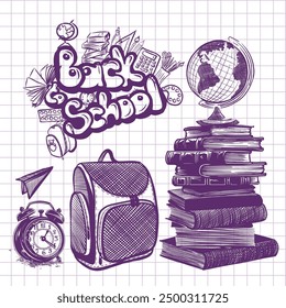 Welcome Back to school banner, doodle on checkered paper background, vector illustration. Drawing with a blue pen on a notebook sheet . Handmade, not AI Vector illustration.