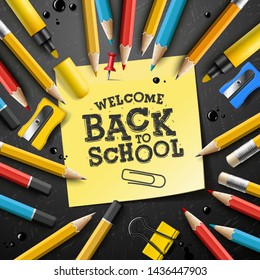Welcome Back to school banner. First day of school, pencils, supplies and sticky notes on chalkboard background.vector illustration.