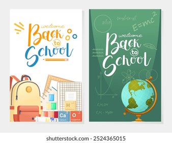 Bienvenido de nuevo al Anuncio de la escuela. Texto escrito a mano con mochila, mochila, libros, Regla y globo Elementos educativos. Ilustración vectorial. Afiche de Vertical