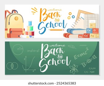 Bienvenido de nuevo al Anuncio de la escuela. Texto escrito a mano con mochila, mochila, libros, Regla y globo Elementos educativos. Ilustración vectorial. Cartel Horizontal