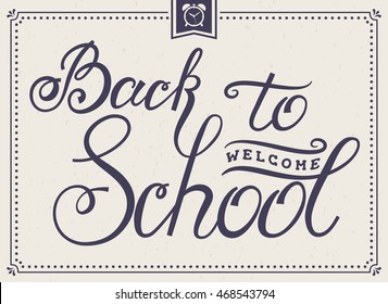 Welcome Back to School! Banner with hand lettering. Retro typography card in purple and white colors. Vector illustration.