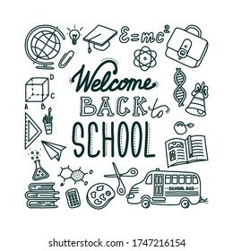 Welcome back to school banner with lettering. Hand drawn objects needed in school and associated with education. Vector illustration in doodle style