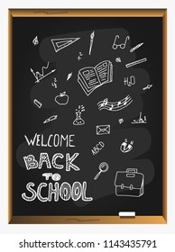 Welcome Back to School banner on blackboard background. Welcome Back to School poster with doodles, Hand drawn Vector illustration.