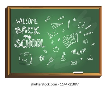 Welcome Back to School banner on chalkboard. Welcome Back to School poster with doodles, Hand drawn Vector illustration.