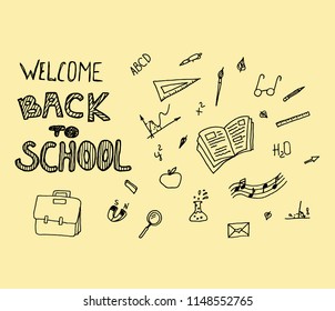 Welcome Back to School banner on creme background. Welcome Back to School poster with doodles, Hand drawn Vector illustration.