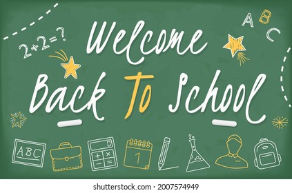 Welcome back to school banner on blackboard with school icons and stars, vector eps10 illustration