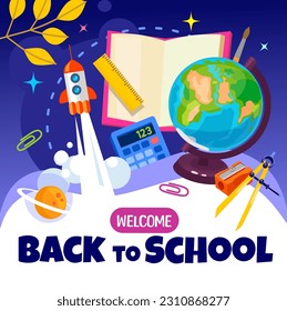 Willkommen zurück zum Schulbanner. Poster für den Beginn des Schuljahres mit einem Raumschiff, Planeten und Zubehör im Cartoon-Stil. Vektorgrafik für Werbung, Webwerbung und Verkaufsförderung.