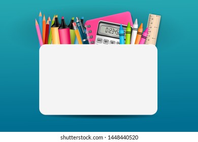 Welcome back to school banner with realistic education supplies and a free white space for custom text. Vector illustration.