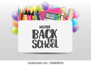 Welcome back to school banner with realistic education supplies. Vector illustration.