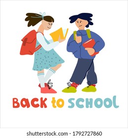 Welcome Back to School banner. Schoolchildren vector illustration in flat style design and hand lettering