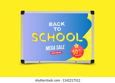 Welcome Back to school. Banner with set of doodle icons and sale 50% and sticker on planning desk. Concept for education. Vector illustration EPS10.