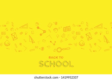Welcome Back to school. Banner with set of doodle icons on yellow background. Concept for education. Vector illustration EPS10