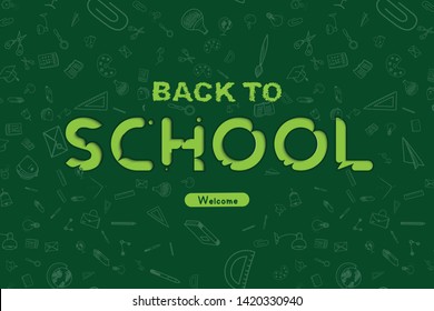 Welcome Back to school. Banner with set of doodle icons on green background. Concept for education. Vector illustration EPS10