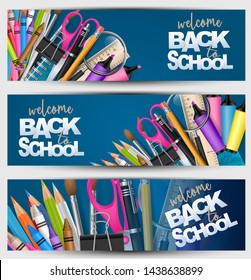 Welcome back to school banner set with supplies for study - pencils, pencs, scissors, paper clip, crayons. Header for advertisement or sales promotion. Vector illustration.