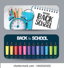 Welcome back to school  banner set with realistic study supplies for advertisement or sale offer. Vector illustration.