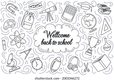 Welcome back to school banner. Set of school icons. Vector illustration in doodle style. Blue elements on notebook sheet background.
