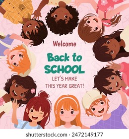 Welcome Back to School Banner. Square template featuring little boys and girls for educational designs, promotions, greeting cards, and online education. Vector illustration with cute cartoon children