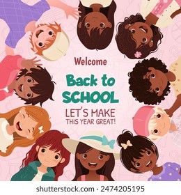 Welcome Back to School Banner. Square template featuring little boys and girls for educational designs, promotions, greeting cards, and online education. Vector illustration with cute cartoon children