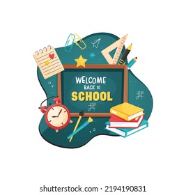 Welcome back to school banner with school supplies. Elements for studing, school, university. Vector ilistration in flat cartoon style.